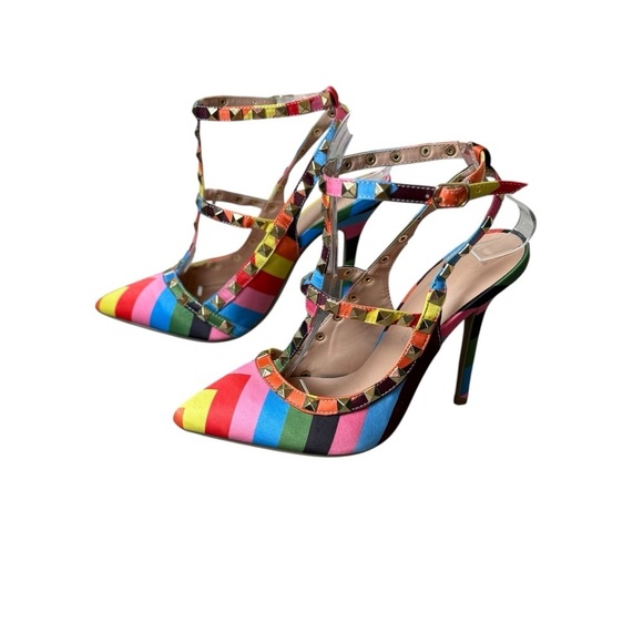Wild Diva Striped Studded High Heel Pointed Toe Pumps Size 5.5 Rainbow Pride EUC - Picture 1 of 9